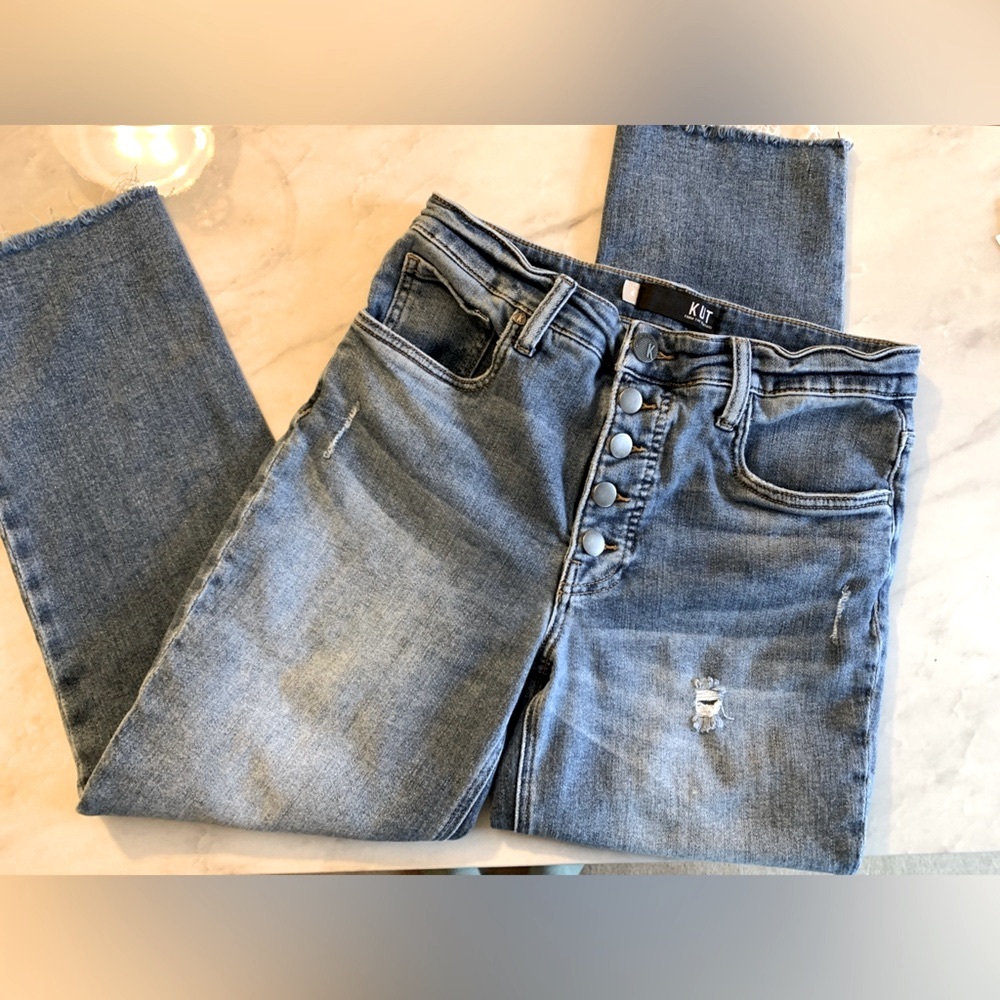 Kut From The Kloth Rachael Fab Ab Mom Jean High Rise Raw Hem Button Distressed